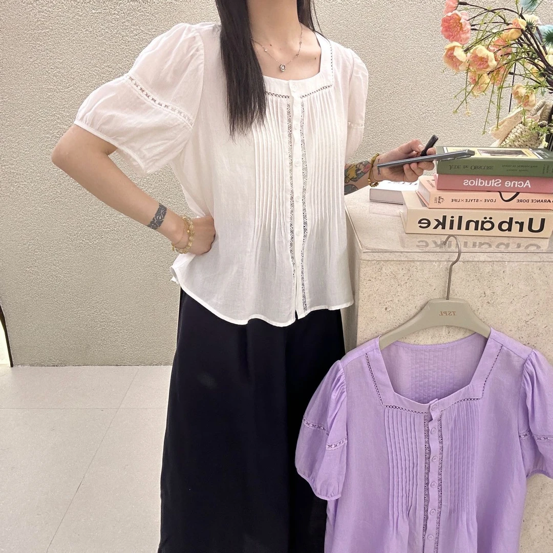 MISS RUILI  定制  法式方领镂空温柔气质短袖小衫F0708