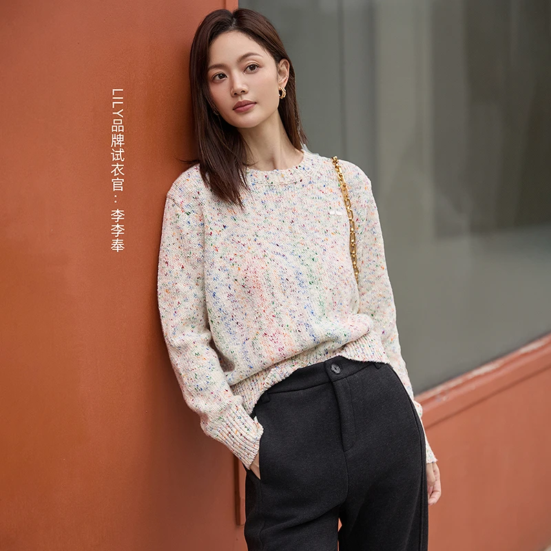 LILY冬新款含绵羊毛趣味釉彩夹花宽松女装长袖针织衫124409TK924