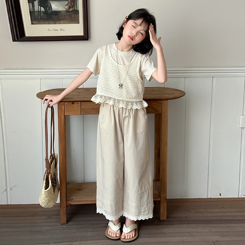 女童2025新款洋气9大童休闲阔腿裤三件套薄款吊带短袖T恤夏季套装