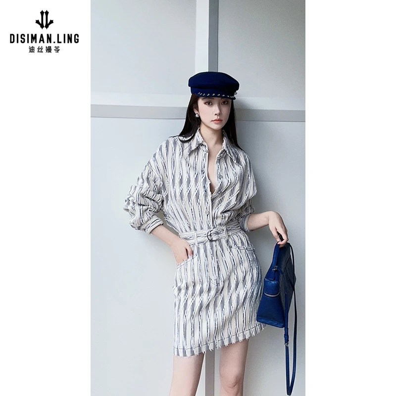 迪丝嫚苓牛仔连衣裙气质长袖时尚休闲女士条纹收腰显瘦小众设计感