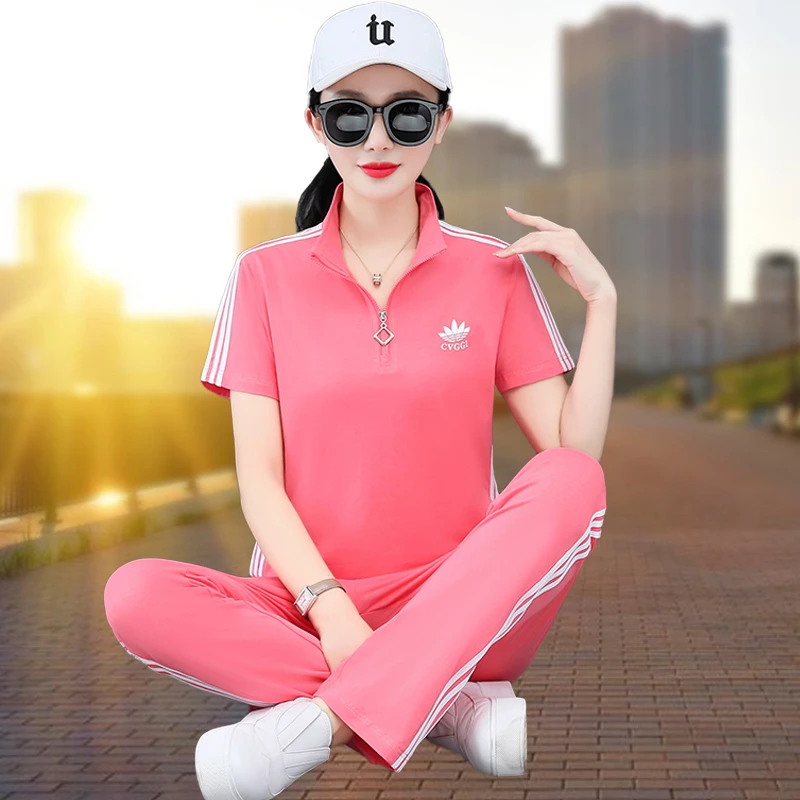 女士纯棉休闲运动套装减龄夏季薄款洋气大码半拉链翻领广场舞团服