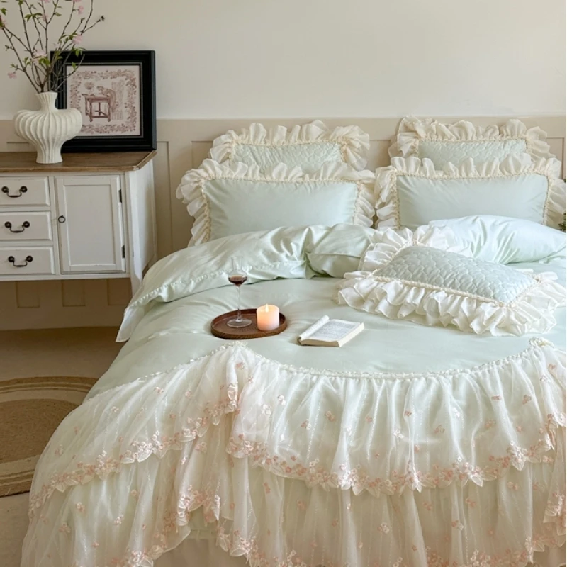 法式公主风夹棉床盖款全棉四件套纯棉高级感蕾丝花边少女被套床单
