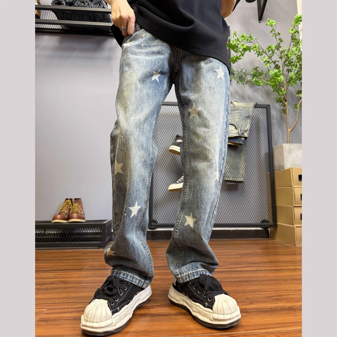 美式高街牛仔裤男宽松直筒窄版星星水洗阔腿长裤百搭裤子8009