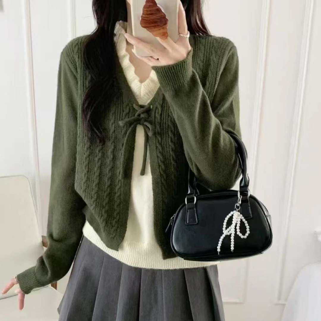 502#【衣长55】V领毛针织衫红色V领女款毛衣外套拼接显高针织圆领