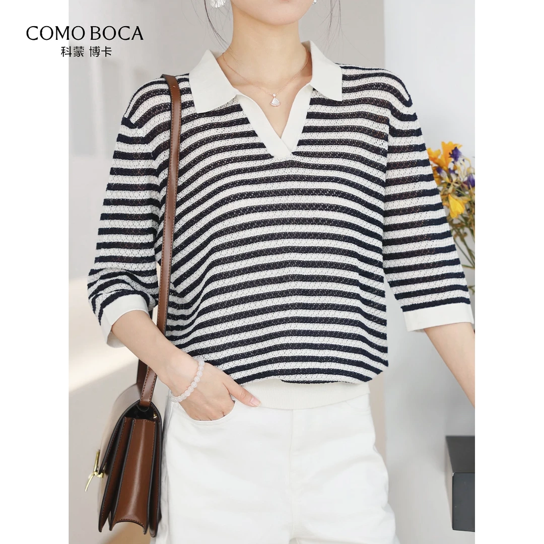COMOBOCA/科蒙·博卡夏季时尚翻领撞色气质桑蚕丝T恤女KSR1132