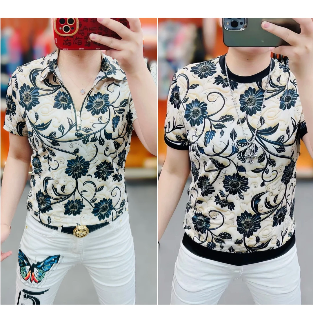 夏季新款时尚潮流百搭修身休闲薄款圆领半袖冰丝男士网红短袖上衣