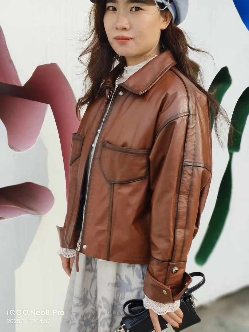 时尚洋气 真皮鹅绒服 头层胎牛皮 真皮皮衣女士短装 冬季加厚款