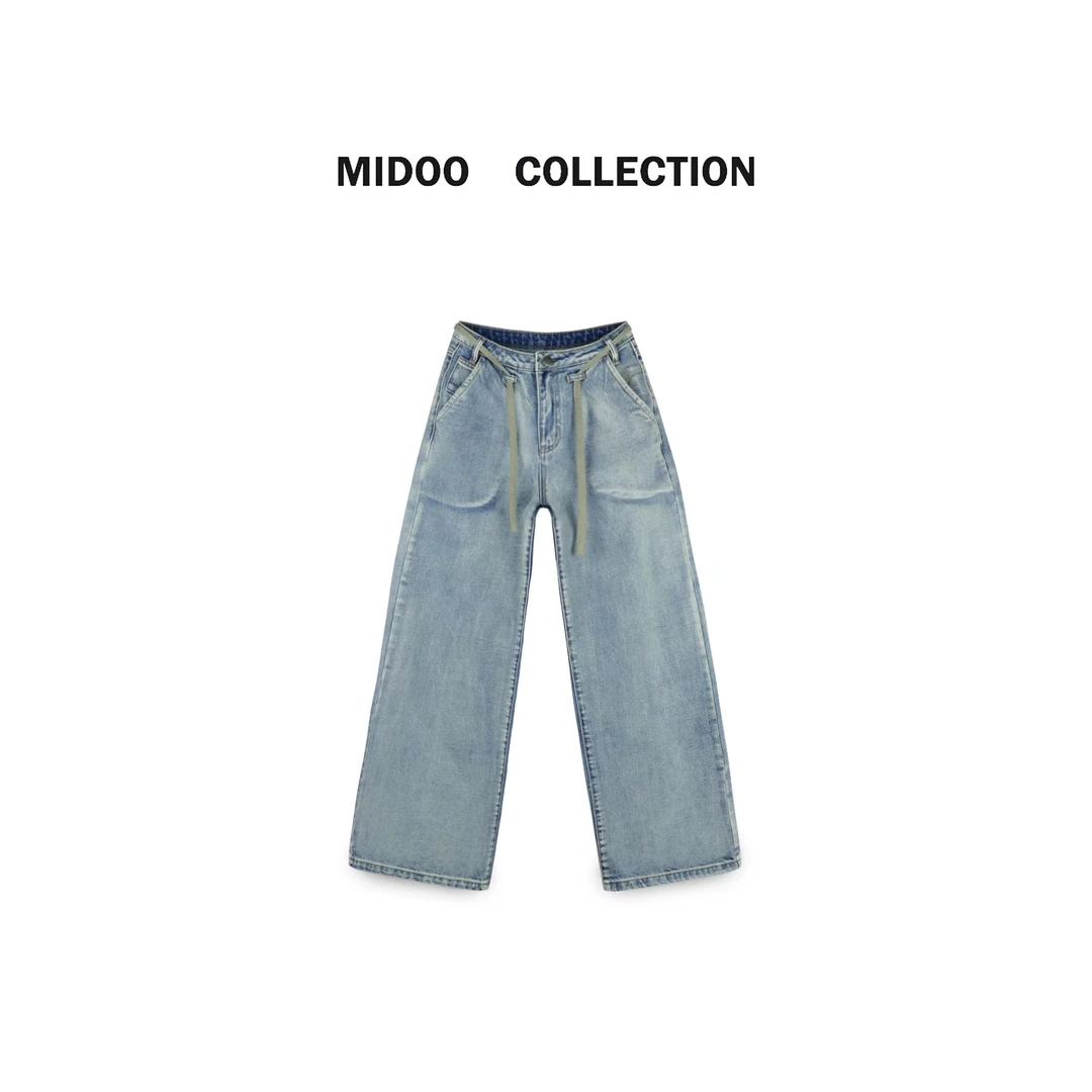 MIDOO 怀旧感2024 设计感抽绳高腰显瘦直筒牛仔裤