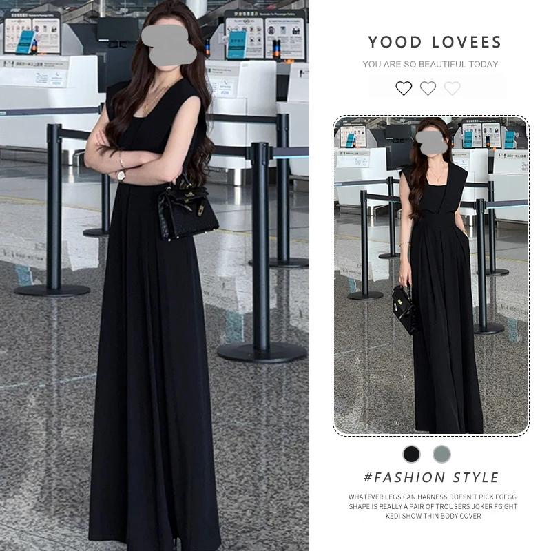黑色无袖阔腿连体裤女夏季新款气质女神范高级感大方得体连体衣