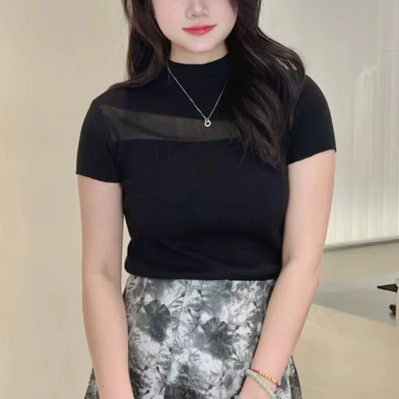 艾家2025夏季新品拼接网纱镂空薄款短袖针织衫打底上衣女163198