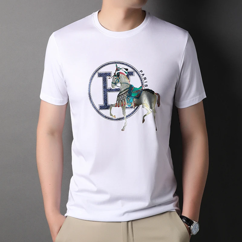 男士夏季圆领纯色丝光棉印花烫钻薄款短袖T恤半袖上衣休闲百搭