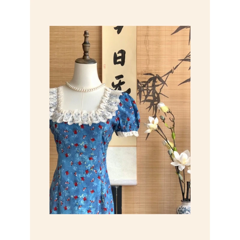 【落日玫瑰】法式复古少女连衣裙蕾丝方领短袖收腰温柔碎花长裙夏
