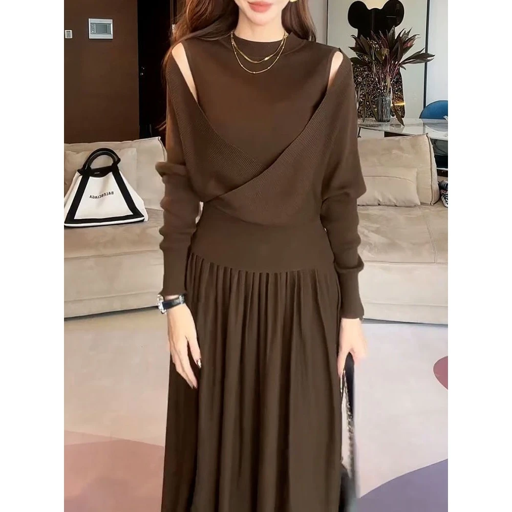 时尚休闲纯色两件套女2025秋季新款设计感假两件上衣+显瘦半身裙