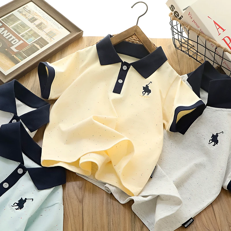 小马刺绣【云柔感98彩棉】学院风中大童翻领polo短袖T恤 5001