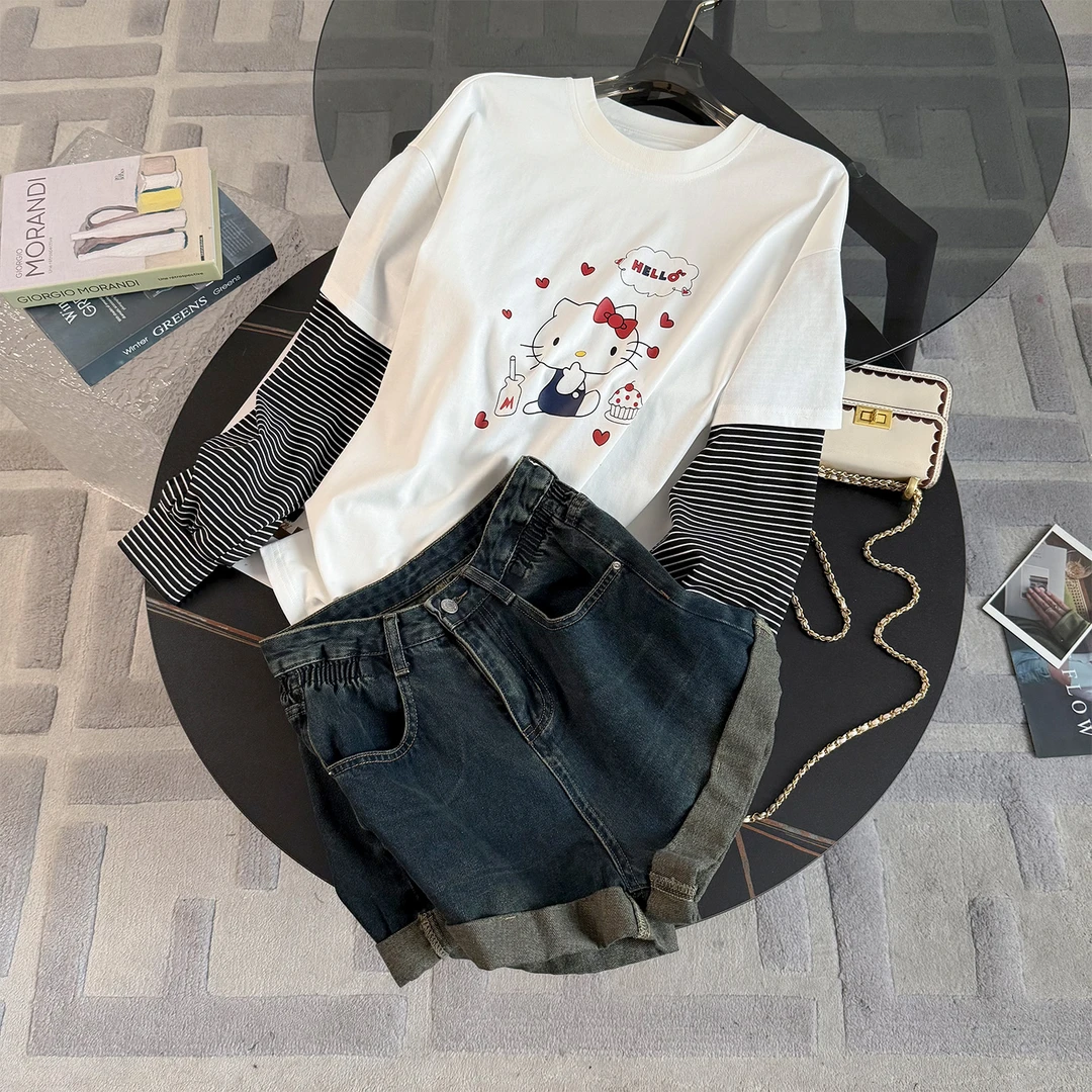 欧货俏皮减龄时尚套装早秋新款圆领卡通印花假两件上衣短裤两件套