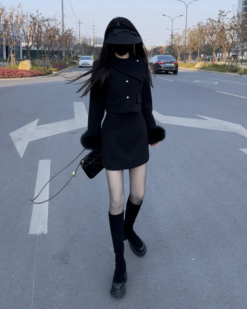 赫本风气质时尚珍珠短款套装