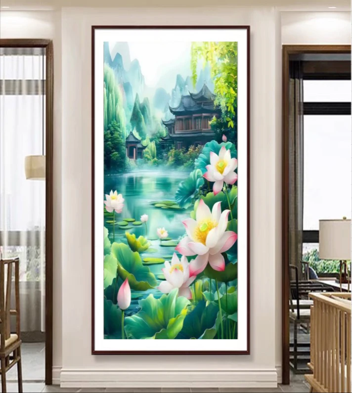 纯手工十字绣成品步步生莲荷花新中式玄关装饰画走廊过道挂画