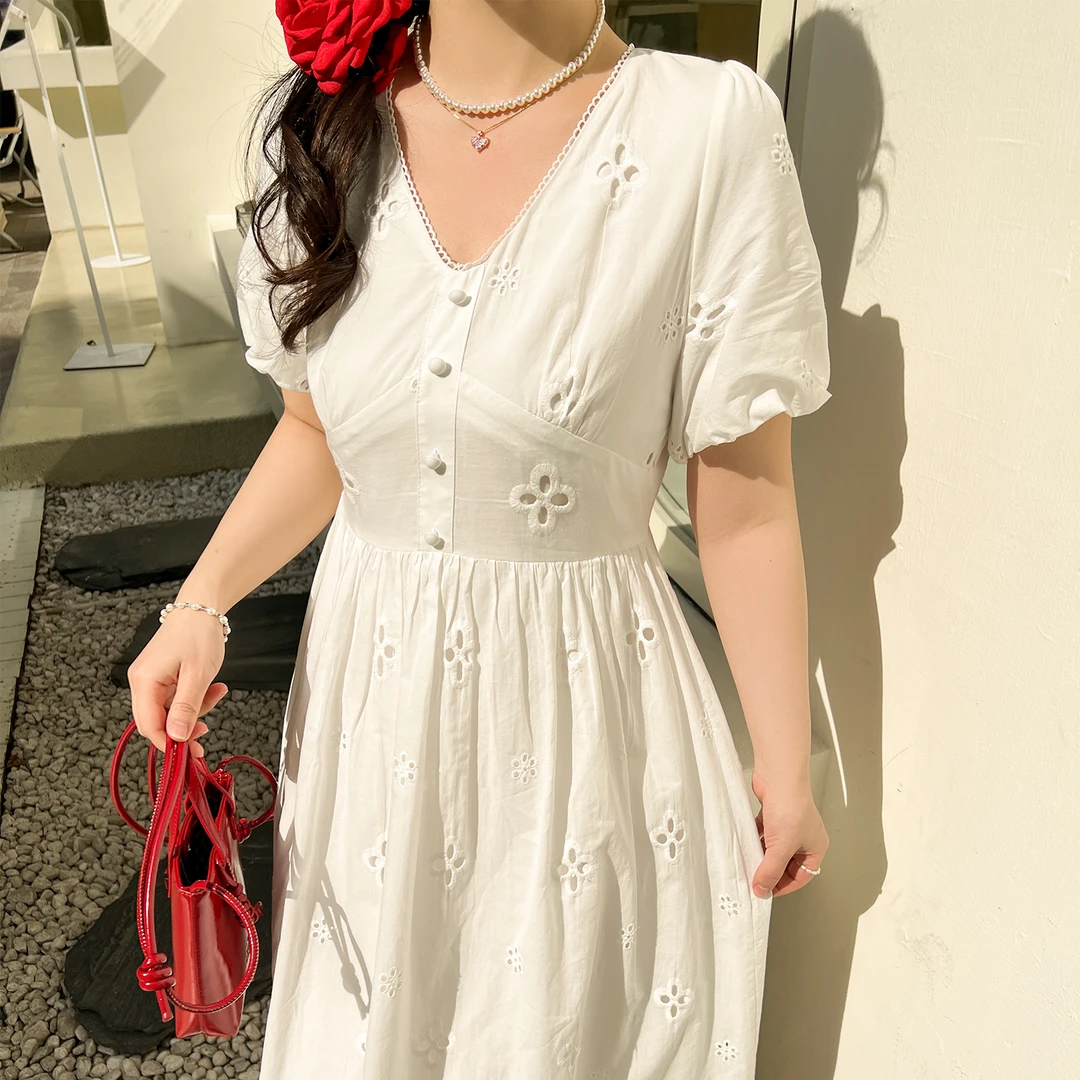 大码百分百夏季显瘦甜美小白裙子V领连衣裙收腰气质显瘦长裙0297