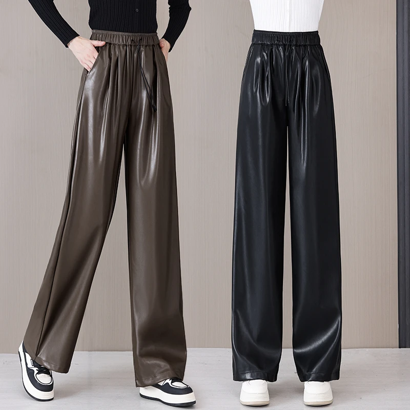 拉夏贝尔黑色皮裤女秋季2025新款高级感哑光时尚高腰垂感阔腿裤子