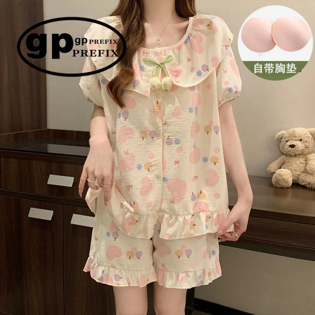 日系小众GP带胸垫睡衣女款夏季短袖云朵棉桃心薄款大码家居服套装