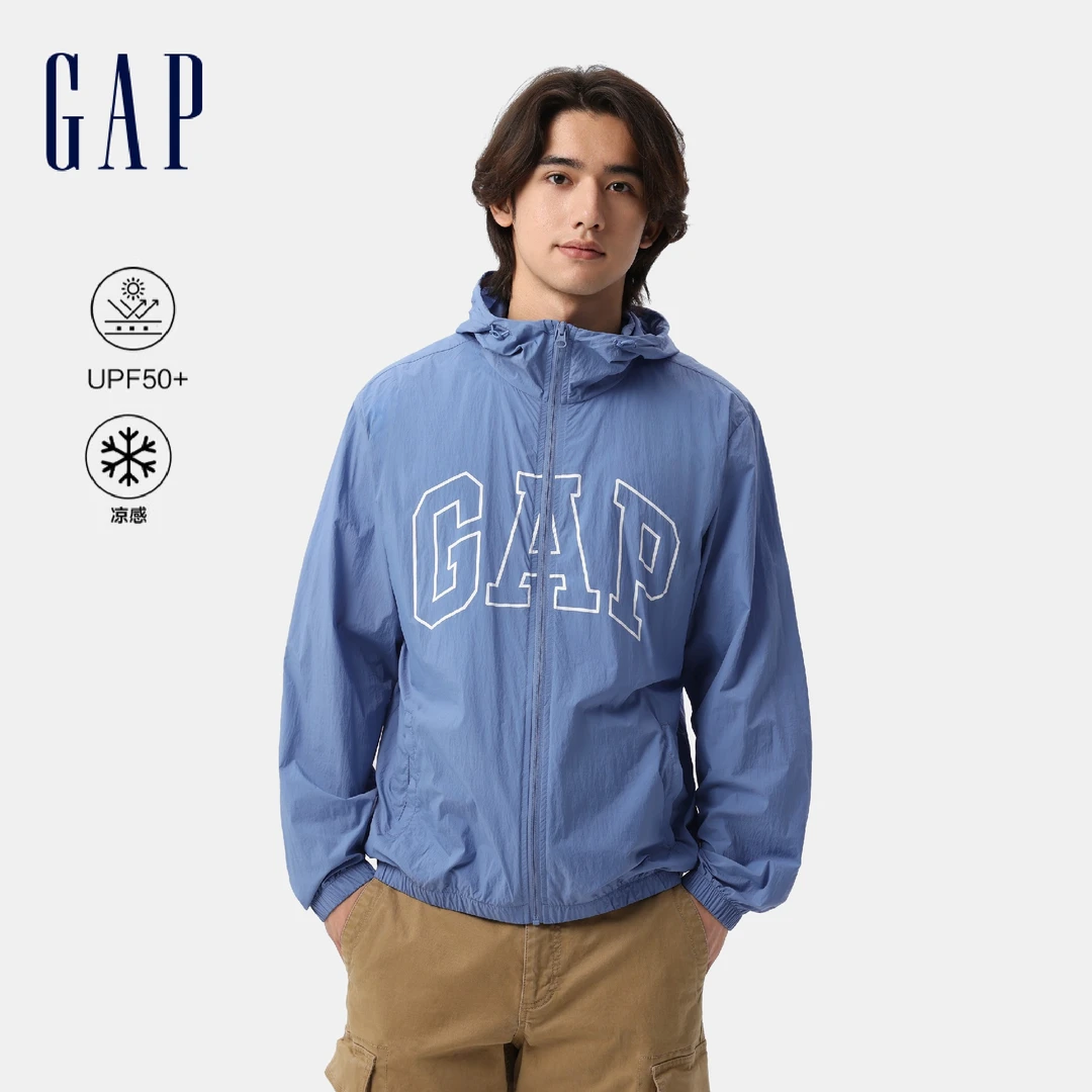 Gap男女装2025夏防晒印花大logo轻薄抽绳连帽外套凉爽夹克730837