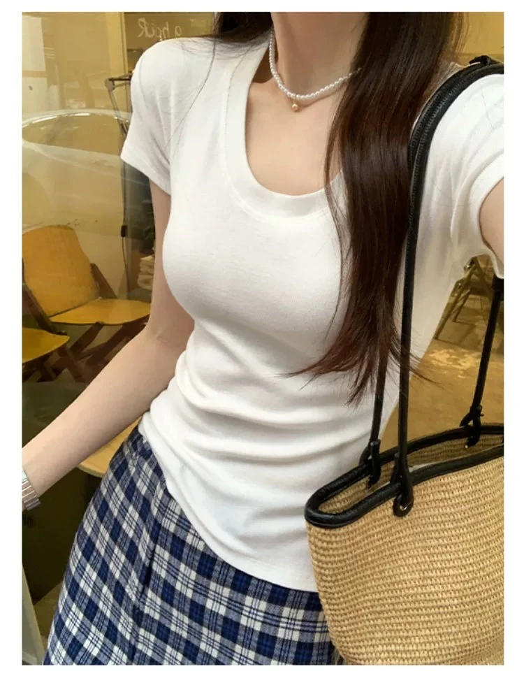 正肩u领甜辣妹收腰纯欲短袖t恤女夏季2025新款修身显瘦简百搭上衣