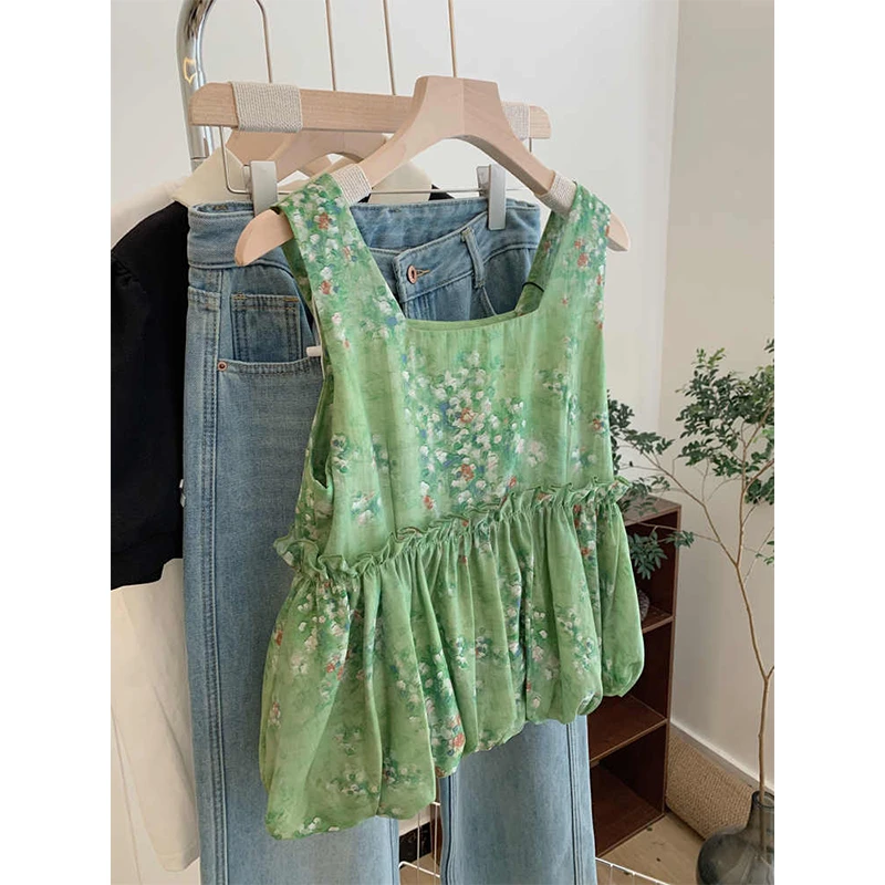 小清新绿色碎花无袖吊带背心女法式外穿独特别致绝美短款小衫上衣