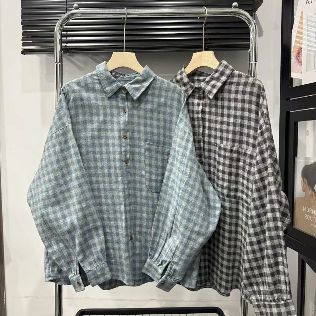 Leilei【蓝调】早春格子衬衫女文艺宽松休闲大版慵懒风上衣#8736