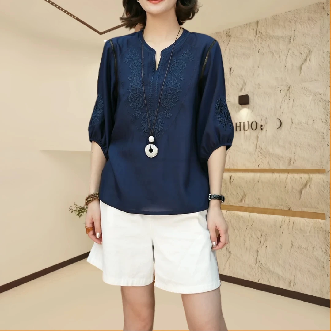 时尚设计感刺绣七分袖衬衫夏季薄款胖MM大码女装显瘦洋气休闲上衣