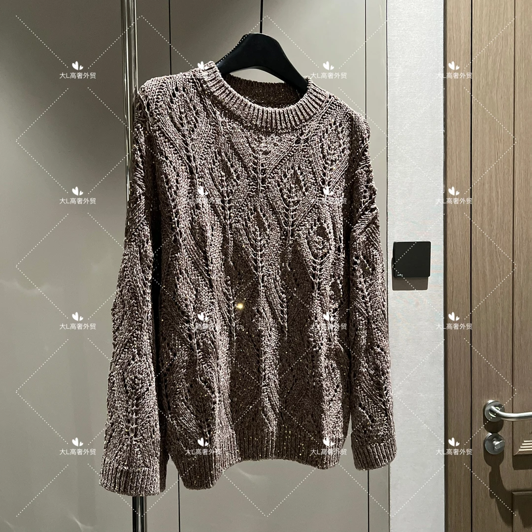 【大L】重磅外贸进口高奢重工设计师风百搭圆领镂空针织衫25256