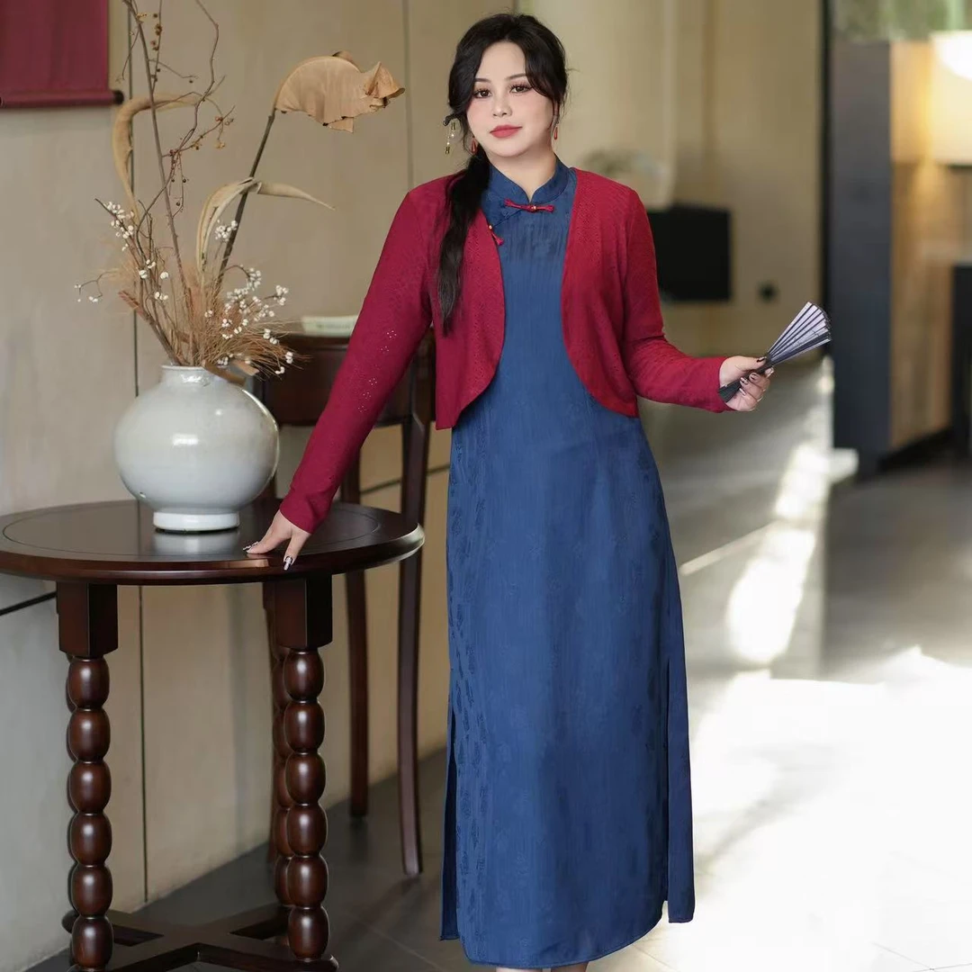 【春花秋月】大码女装秋季新款微胖mm法式开衫碎花吊带裙两件套装