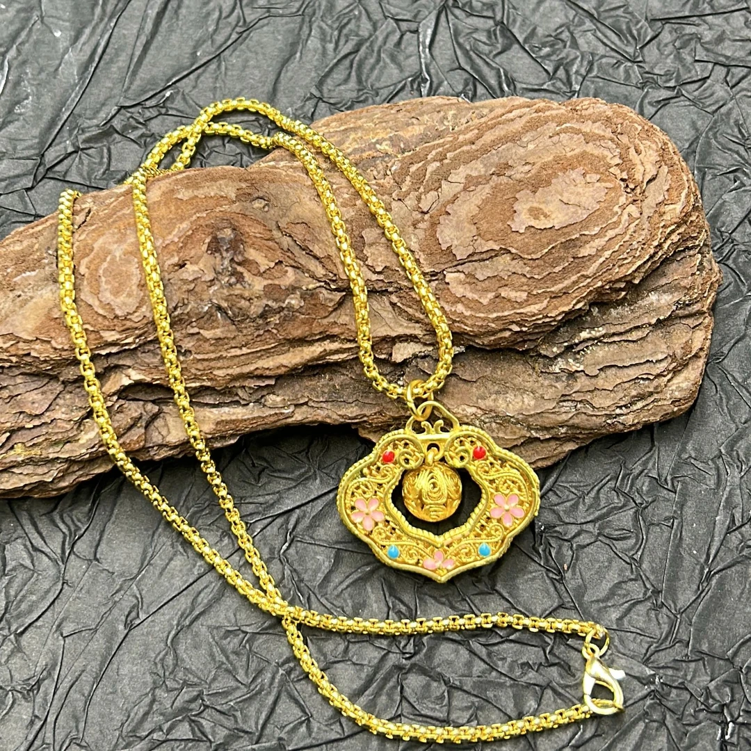 粉色桃花如意锁包吊坠项链女款ZD0685