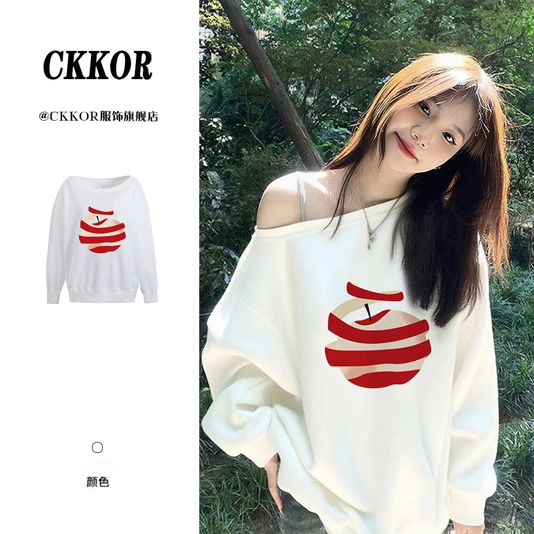 CKKOR韩系少女风斜领露肩长袖卫衣女舒适宽松休闲百搭慵懒感上衣