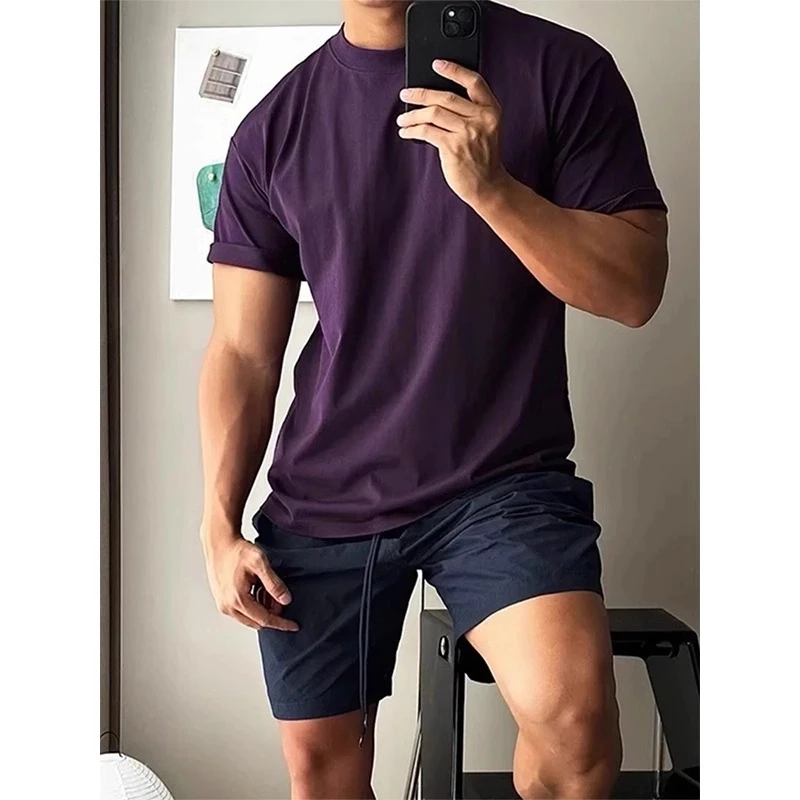 暗紫色纯棉短袖男款夏季高级感小领口重磅t恤美式运动健身半截袖