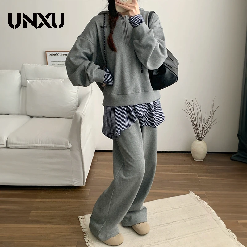 UNXU2025春季新款格纹慵懒风假两件宽松连帽卫衣休闲裤两件套装女
