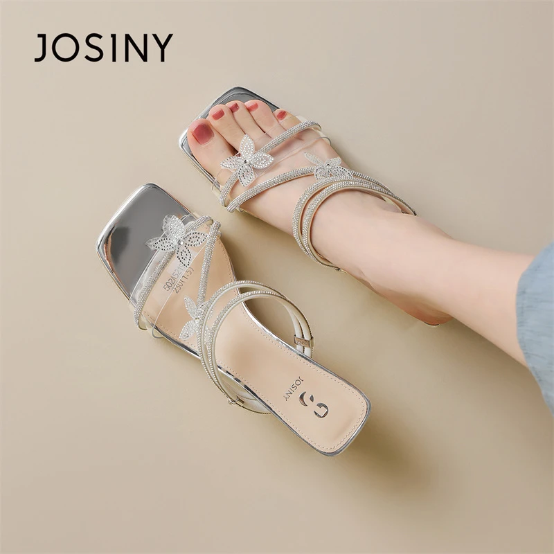 卓诗尼凉拖女夏外穿2025新款水晶粗跟仙女风配裙子高跟鞋时尚拖鞋