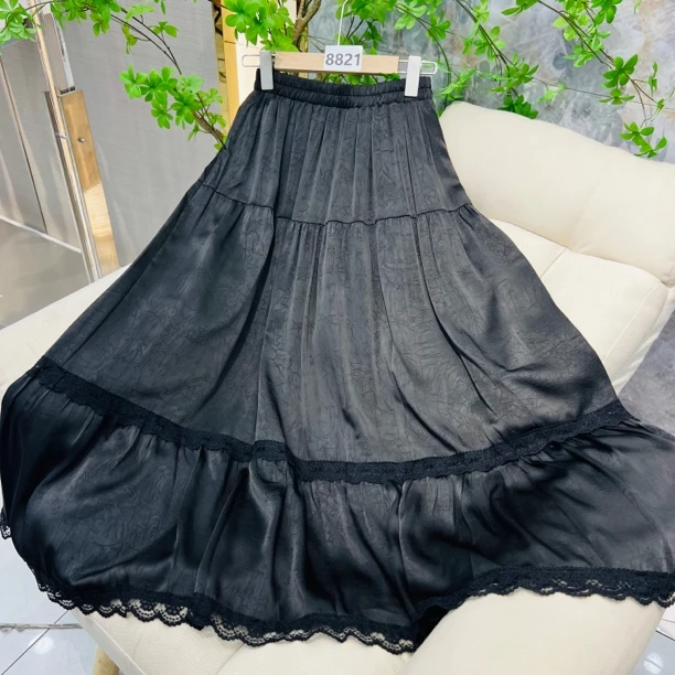 8821黑#甜美松紧腰蕾丝显瘦中长款拼接字大摆半身裙女