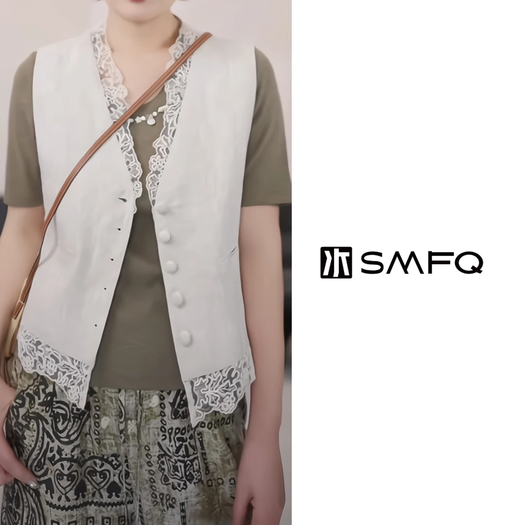 水木夫妻100%亚麻 蕾丝拼接春夏百搭叠穿马甲上衣