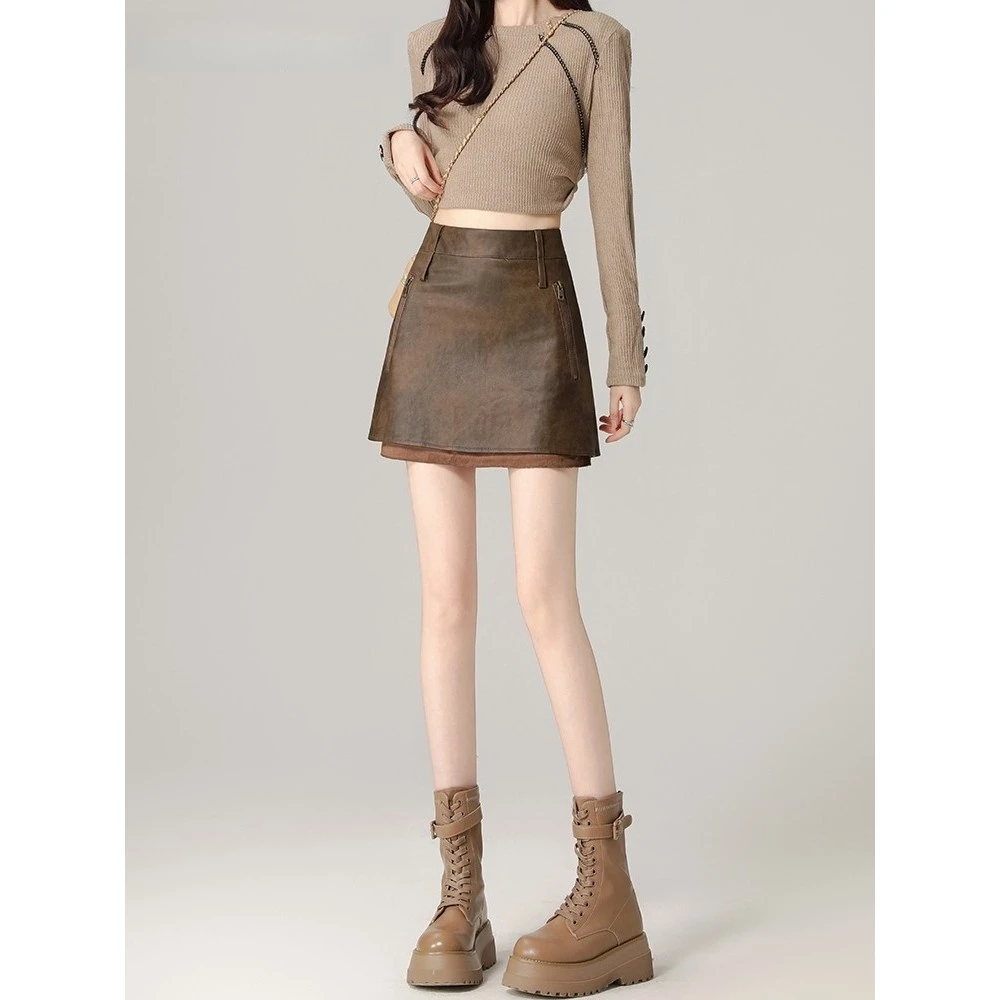 咖色皮裙半身裙女秋冬季2025美拉德棕色高腰a字显瘦辣妹包臀短裙
