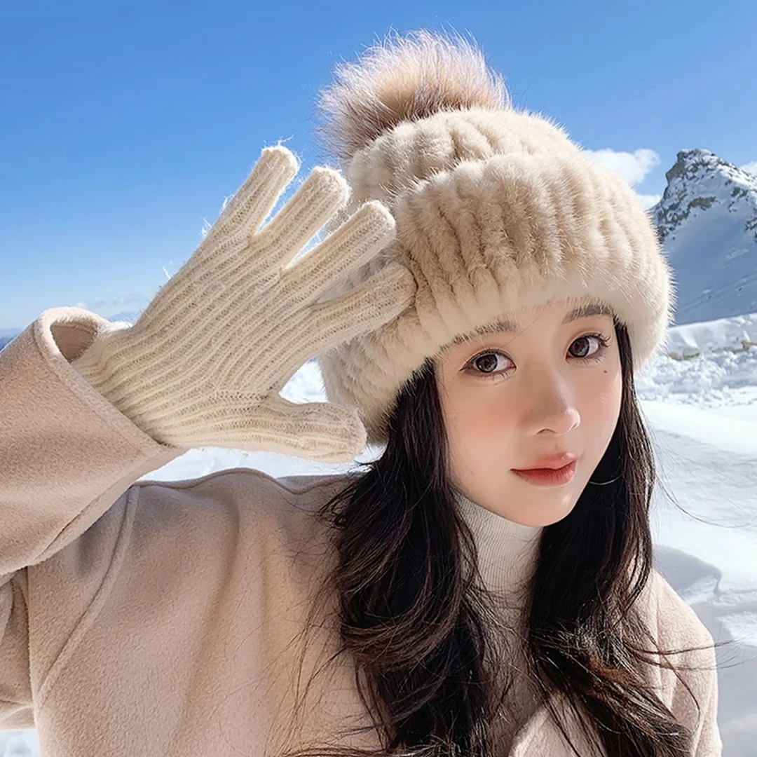 御姿裘｜高档水貂毛帽子休闲编织弹力帽狐狸毛球针织帽子女式帽子