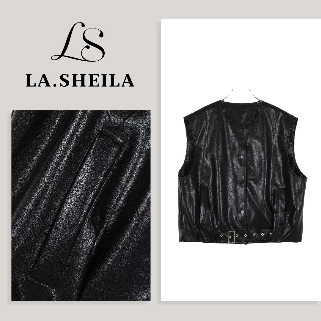 LA.Sheila 机车风圆领短款皮马夹253-MJ/0821-9552