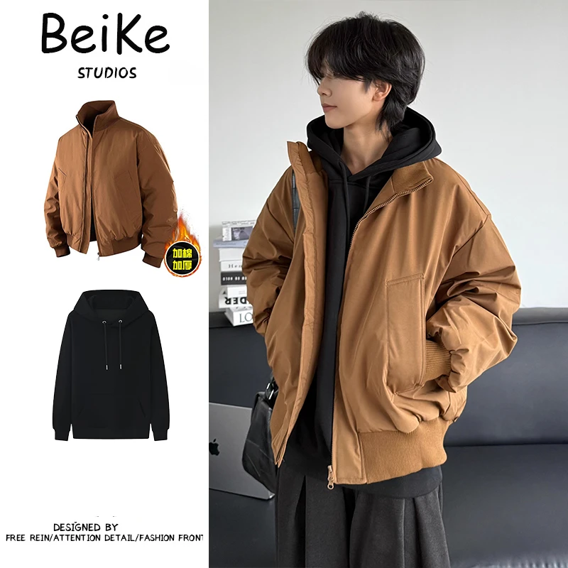 两件装/日系简约立领工装棉服男冬季加厚保暖外套宽松棉衣面包服