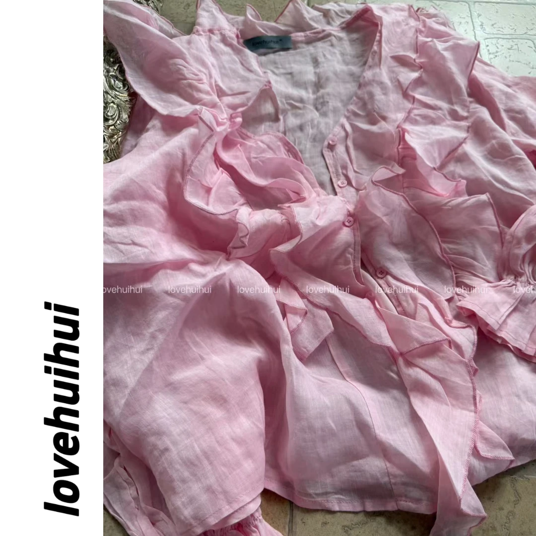 lovehuihui《晨露粉玫瑰》气质苎麻衬衫木耳边设计感上衣夏季新款