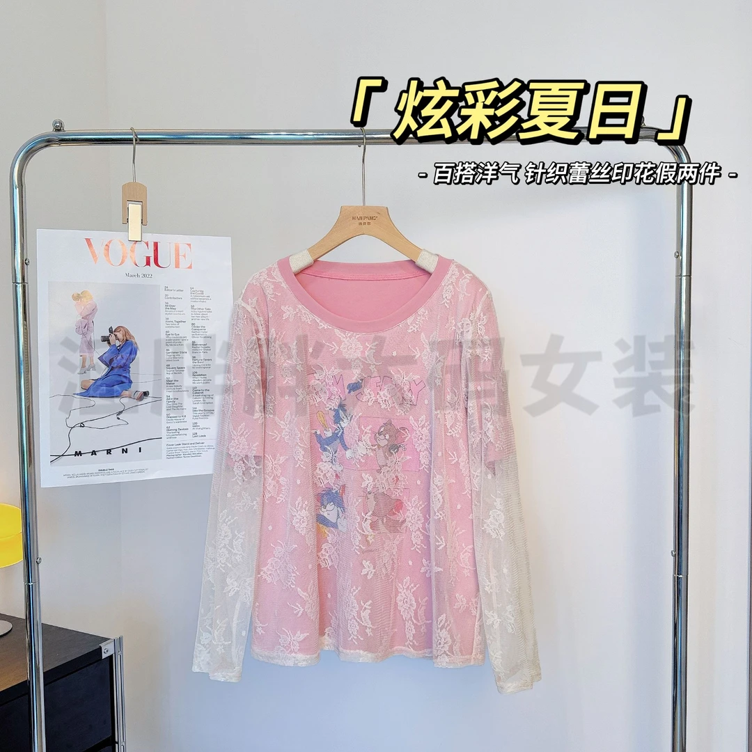 【涵胖胖】炫彩夏日~百搭洋气针织蕾丝印花假两件dvh21718【S】