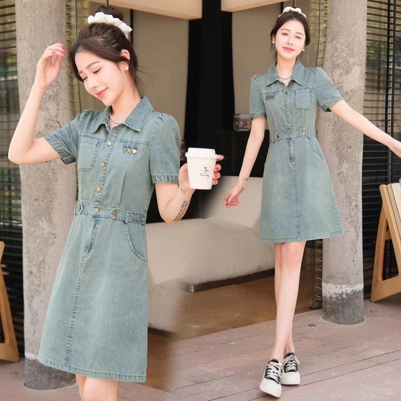 拉夏贝尔 夏季薄款女2025新款短袖收腰显瘦中长款a字裙牛仔连衣裙