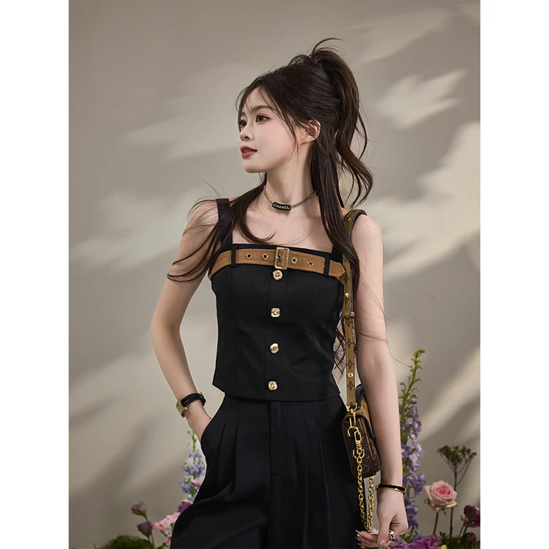 吞吞春夏季【回头率】细闪黑金 设计感时髦撞色带胸垫吊带外穿女