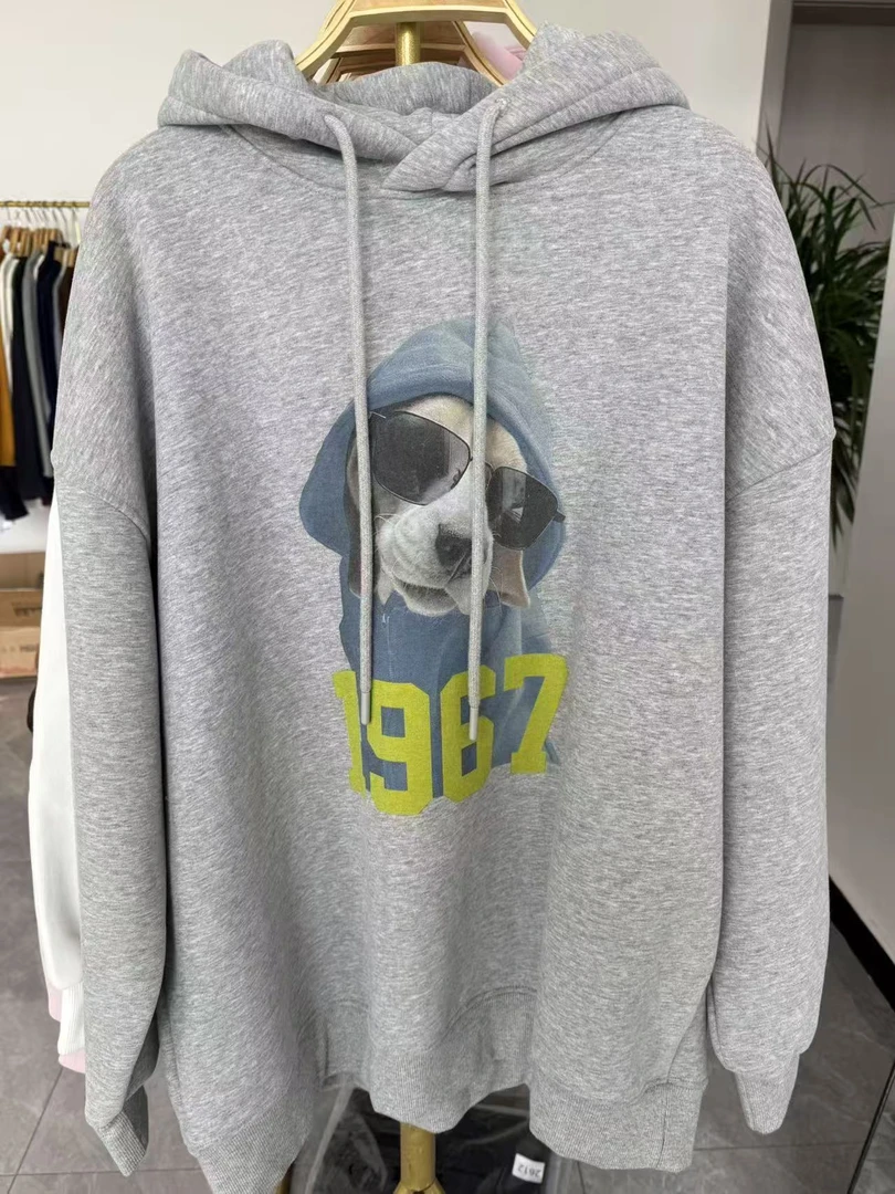 女宽松连帽印花套头款不起球卫衣潮流加厚灰色休闲
