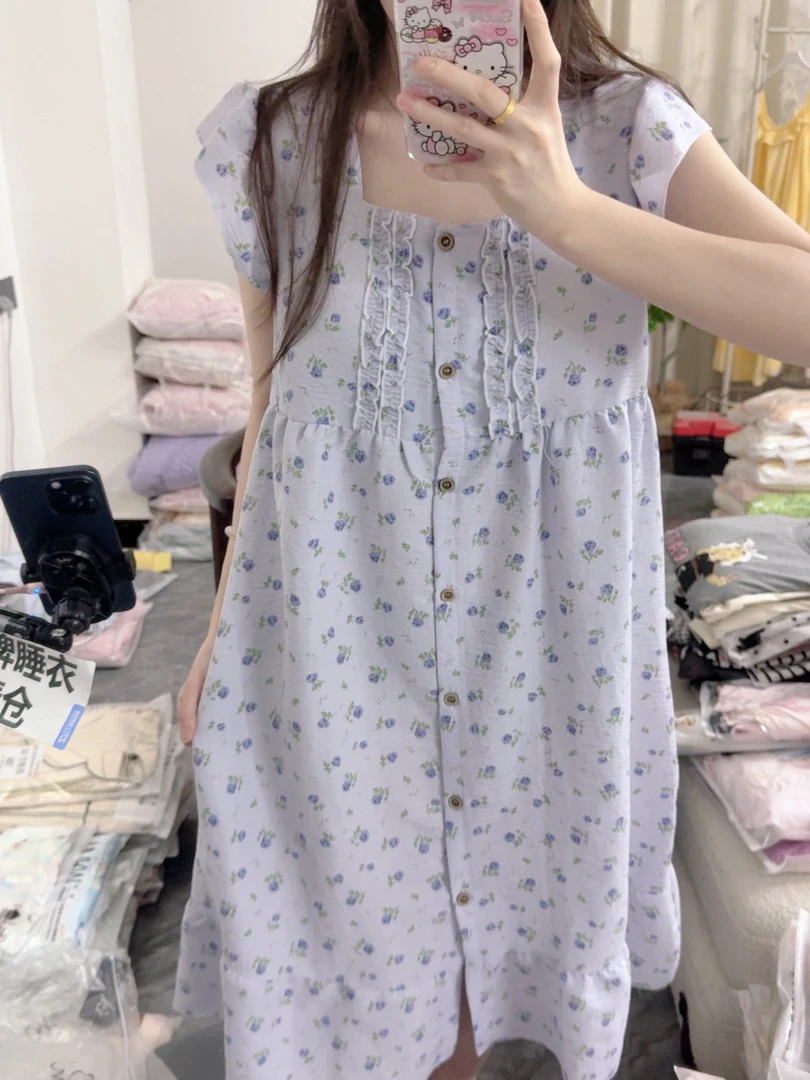 40-夏季少女款薰衣草带胸垫短袖睡裙