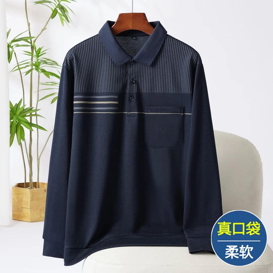 中老年人春秋季爸爸长袖T恤男士薄款polo衫上衣服宽松休闲爷爷装