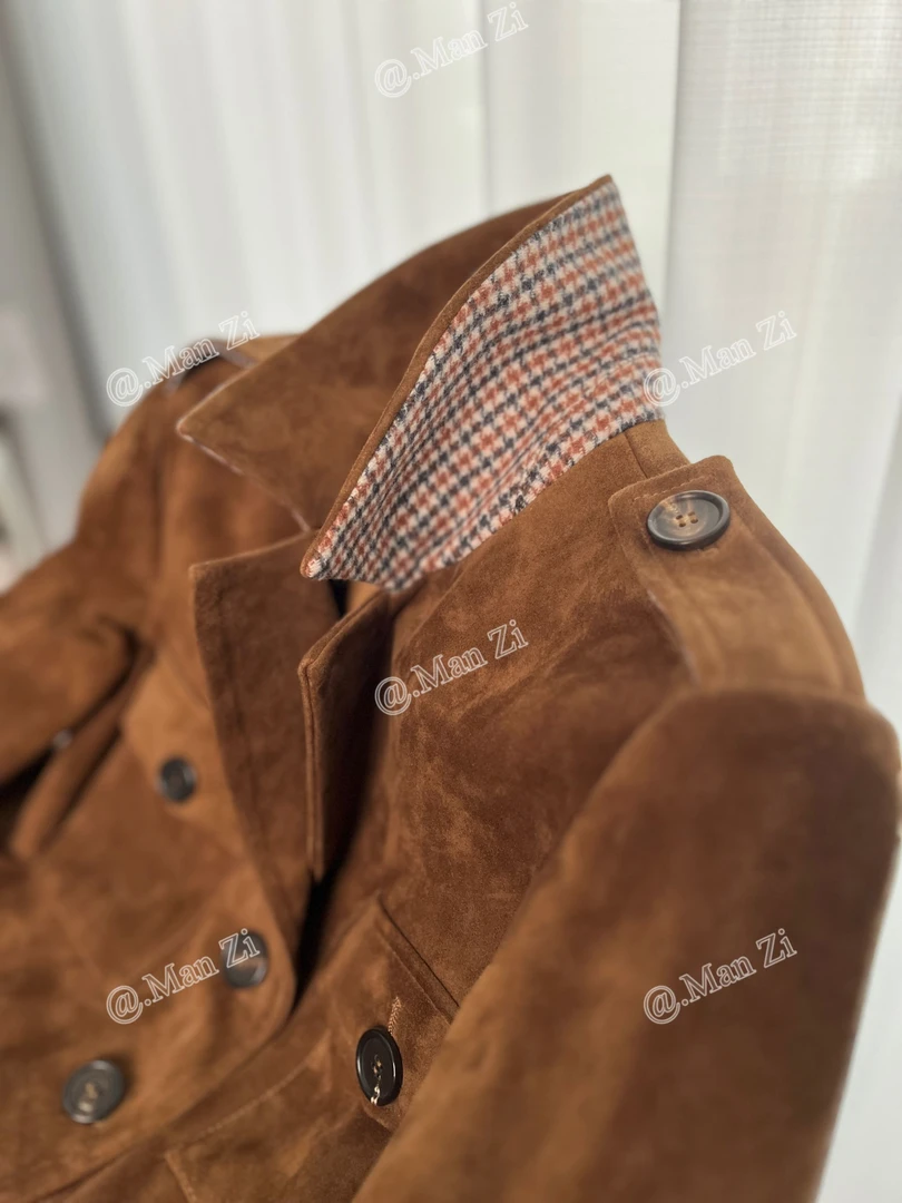 复古老钱风帅气猎装中长款真皮羊皮反绒工装外套